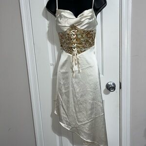 Chic Asymmetrical Cream Dress with Floral Corset